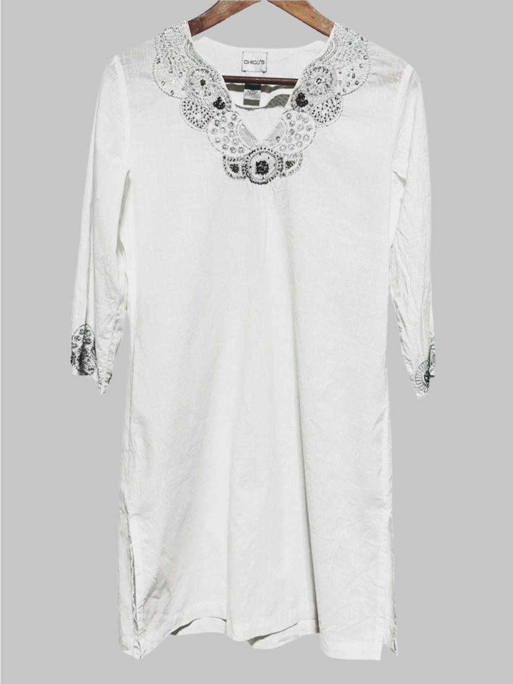 CHICO’S White Cotton Beaded Tunic Swim Cover Up Size 0 Boho Resort